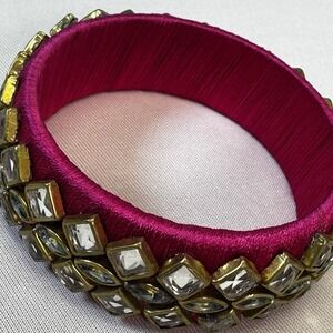Vintage Cute Pink Cloth Faux Crystal Rhinestone Bangle Bracelet Geometric Shapes